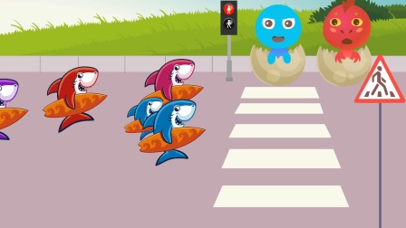 水宝和火宝携鲨鱼一家演出儿童红绿灯人行横道线安全知识育儿动画